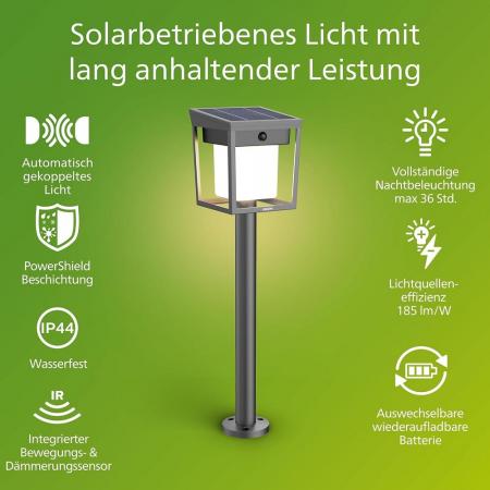 Philips Solar Wegeleuchte Blaise in Anthrazit mit Bewegungsmelder und Dämmerungssensor warmweißes Licht - Ultra-Efficient