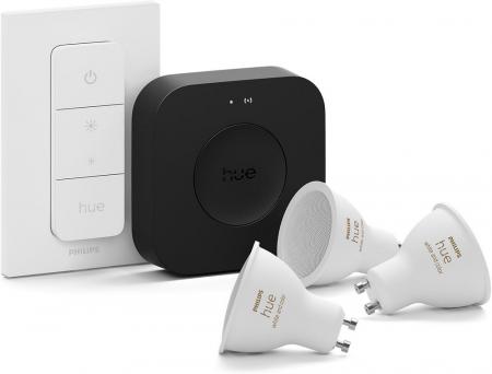 Philips Hue White & Color Ambiance Starter Set mit 3 x GU10 RGBW Lampen 4,2W wie 35W & Bridge Pro &  Dimmschalter