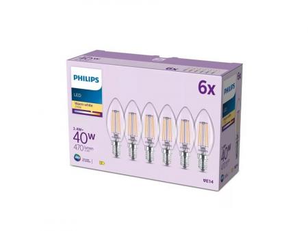 6er Set Philips LED Filament Kerzenlampe B35 3,4W wie 40W 470lm 2700K E14 Warmweiß 300° klar nicht dimmbar