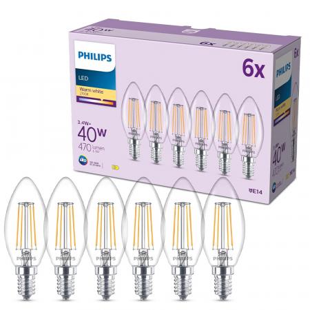 6er Set Philips LED Filament Kerzenlampe B35 3,4W wie 40W 470lm 2700K E14 Warmweiß 300° klar nicht dimmbar