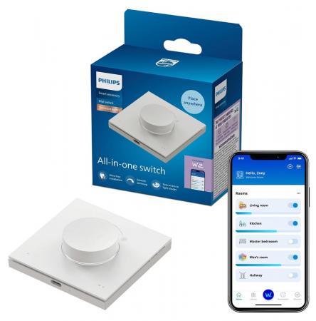 Philips WiZ Smart Dial Switch – Kabelloser Drehschalter mit Dimmfunktion, USB-aufladbar, Weiß