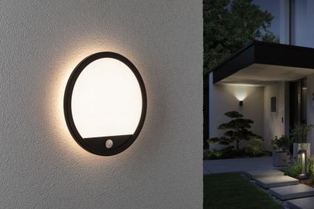Paulmann 94664 LED Außenpanel Lamina Backlight Bewegungsmelder seewasserresistent Spritzwasser geschützt rund 280mm warmweiß 14,5W Schwarz Kunststoff