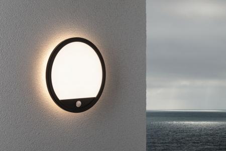 Paulmann 94664 LED Außenpanel Lamina Backlight Bewegungsmelder seewasserresistent Spritzwasser geschützt rund 280mm warmweiß 14,5W Schwarz Kunststoff