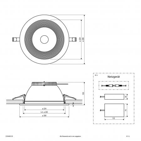 EVN ED54500125 LED Deckeneinbauleuchte DALI-2 dimmbar 50W 3000K-5700K 6350lm weiß IP54 Notlicht Einbaudurchmesser 240 mm