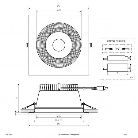 EVN ET54204925 LED Deckeneinbauleuchte 20W 2500lm 3000K/4000K/5700K IP54 schwarz quadratisch dimmbar Einbaudurchmesser 145 mm