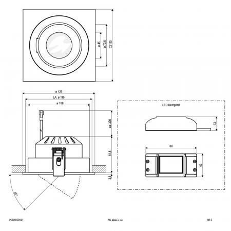 EVN P-LED Decken-Einbaustrahler mit warmweißem Licht quad. schwenkbar weiß IP20 12W 3000K 1000lm EinbauØ115