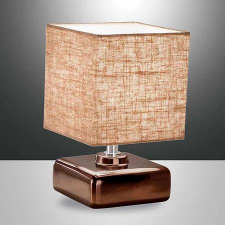 Taro Keramik-Tischleuchte mit glasiertem bronzefarbenen Fuß und Textilschirm in Beige von Fabas Luce