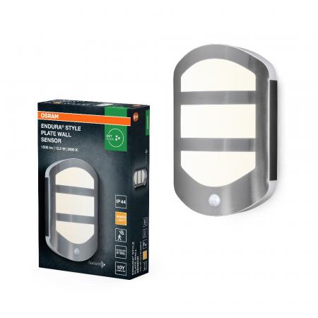 OSRAM  ENDURA Style Plate WALL Sensor Wandleuchte 12,5W Warmweiß in moderner Edelstahloptik mit Sensor und indirektem Licht, für Eingangsbeleuchtung und Fassaden