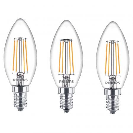 3-er-Pack E14 PHILIPS LED Filamentlampen in Kerzenform 4.3W wie 40W mit warmweissen Licht 2700K