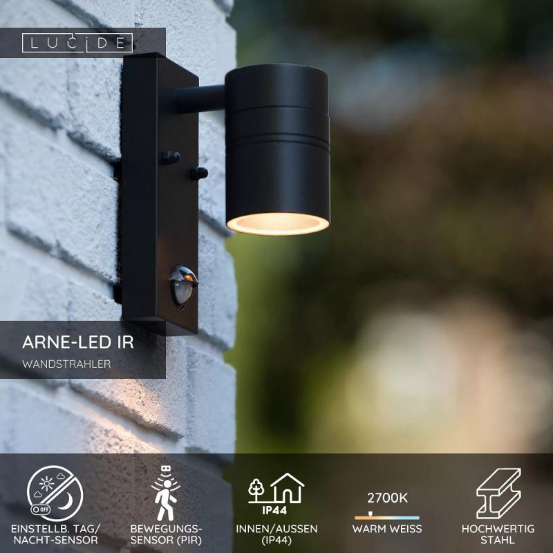 LUCIDE ARNE-LED IR Wandstrahler Außen GU10 IP44 Schwarz mit Sensor