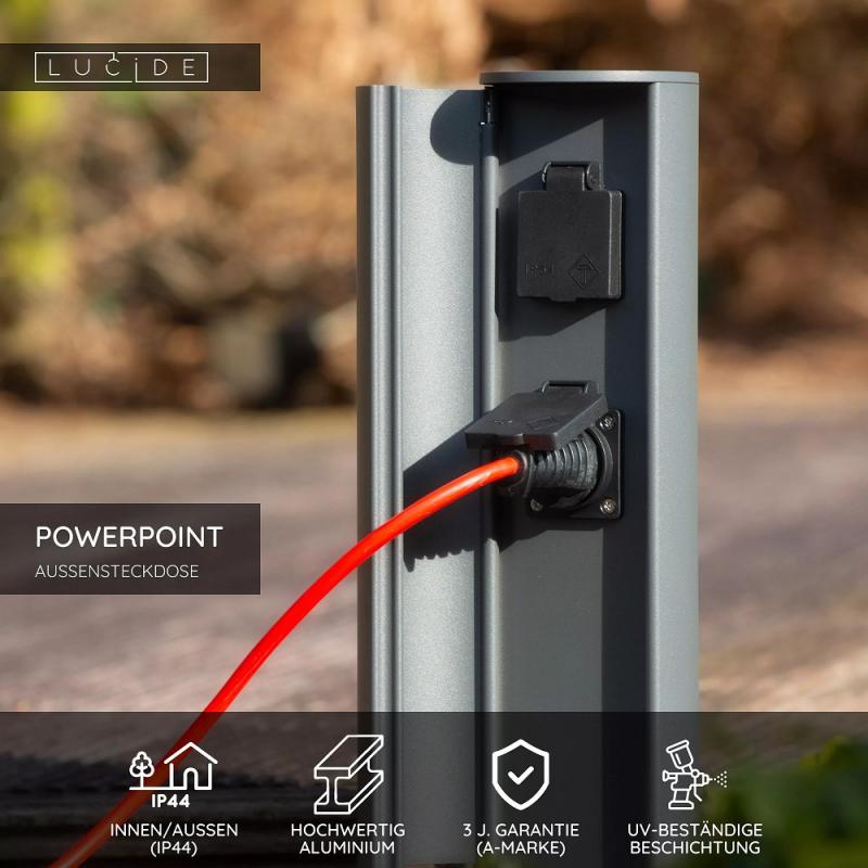 Lucide POWERPOINT - Steckdosensäule für den Außenbereich - Steckdose mit Erdungsstift - Typ E - FR, BE, POL, SVK & CZE Standard - Ø 10 cm - IP44 - Anthrazit