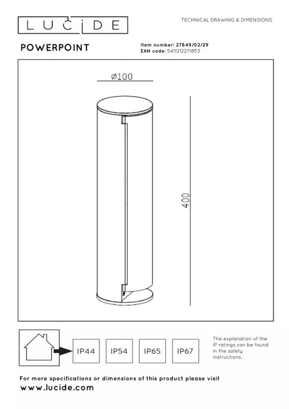 Lucide POWERPOINT - Steckdosensäule für den Außenbereich - Steckdose mit Erdungsstift - Typ E - FR, BE, POL, SVK & CZE Standard - Ø 10 cm - IP44 - Anthrazit