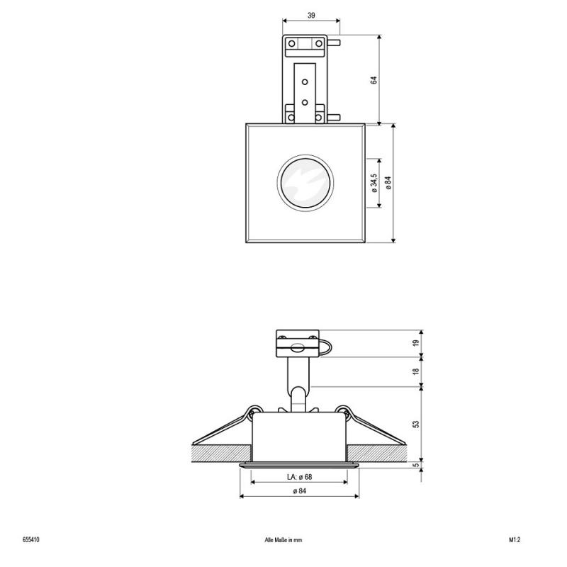 EVN 655410 V4A-Edelstahl Deckeneinbauleuchte quadratisch IP44 Einbaudurchmesser 68 mm