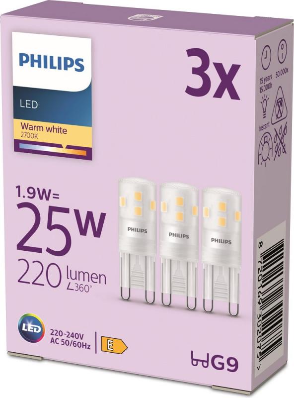 3er Set PHILIPS LED G9 1,9W = 25W 220lm 2700K warmweiß