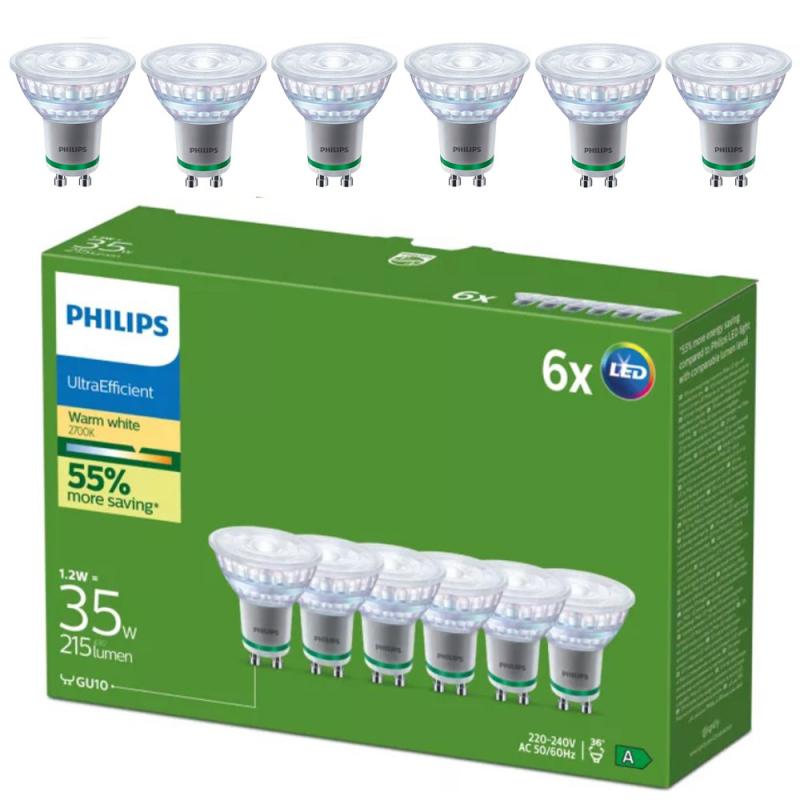 6er Set  Philips UltraEfficient LED GU10 Spot 2,3W wie 35W 36° 2700K Warmweiß – energieeffiziente Spotbeleuchtung