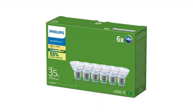 6er Set  Philips UltraEfficient LED GU10 Spot 2,3W wie 35W 36° 2700K Warmweiß – energieeffiziente Spotbeleuchtung