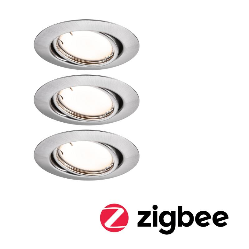 Paulmann 92464 LED Einbauleuchte Smart Home Zigbee Base Coin Basisset schwenkbar rund 90mm 20° 3x4,9W 3x430lm 230V dimmbar 3000K Eisen gebürstet