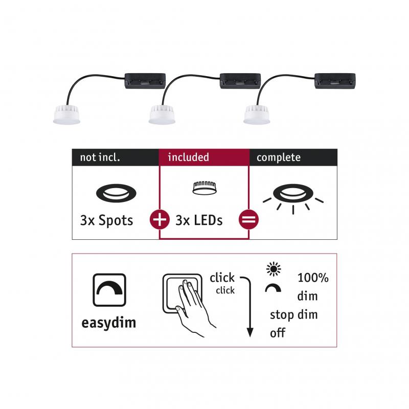 Paulmann 92477 EBL Choose 3er Coin Set Easy-Dim LED 3x6,5W 630lm 2700K 51mm Kunststoff