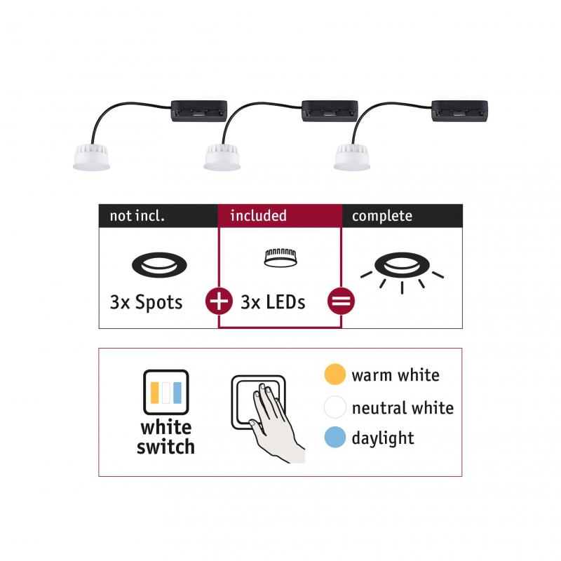 Paulmann 92478 EBL Choose 3er Coin Set WhiteSwitch LED 3x6,5W 620lm 2700K 51mm Kunststoff
