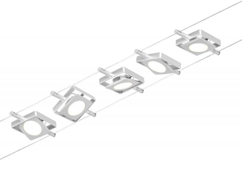Paulmann Seilsystem Set Mac LED 94420 mit 5 eckigen Leuchtspots in mattem Chrom 12V DC /Metall 3000K