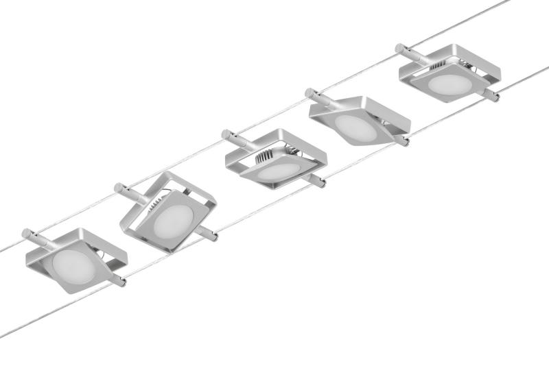 Paulmann Seilsystem Set Mac LED 94420 mit 5 eckigen Leuchtspots in mattem Chrom 12V DC /Metall 3000K
