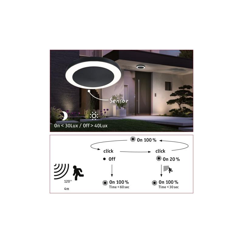 Paulmann 94526 LED Deckenleuchte Circula Sensor IP44 rund 320mm warmweiß 14W Anthrazit