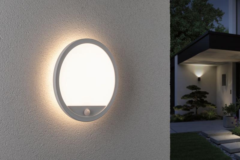 Paulmann 94662 LED Außenpanel Lamina Backlight Bewegungsmelder seewasserresistent Spritzwasser geschützt rund 280mm warmweiß 14,5W Weiß Kunststoff