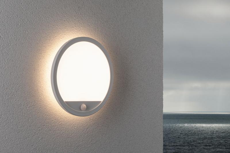 Paulmann 94662 LED Außenpanel Lamina Backlight Bewegungsmelder seewasserresistent Spritzwasser geschützt rund 280mm warmweiß 14,5W Weiß Kunststoff