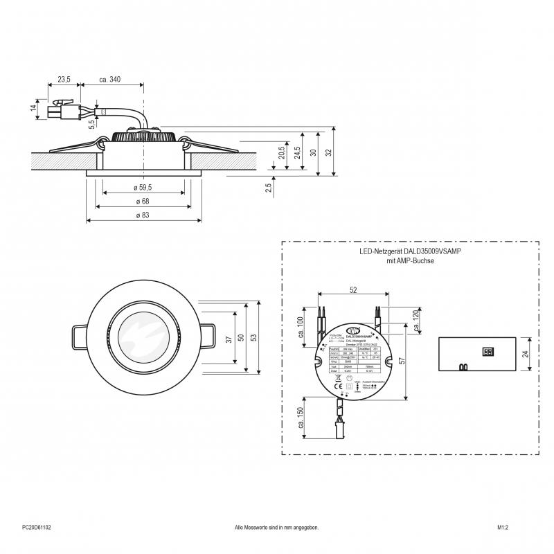 EVN COB-LED Deckeneinbauleuchte PC20D61102 | 6 W | 620 lm | 3000 K Warmweiß | DALI-2 dimmbar | Chrom Einbaudurchmesser 68 mm