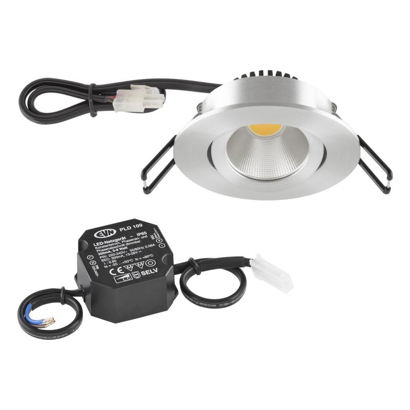 EVN P-LED Decken-Einbaustrahler mit warmweißem Licht & hoher Farbwiedergabe dimmbar  rund schwenkbar alu pol. (STL) IP20 6W 2700K 575lm 90Ra EinbauØ68
