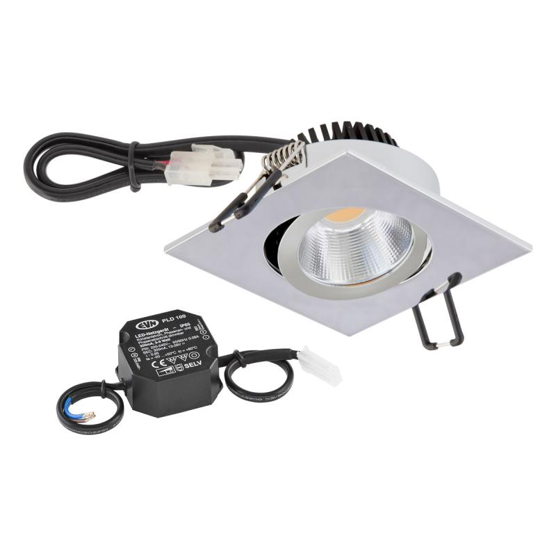 EVN P-LED Decken-Einbaustrahler mit warmweißem Licht quad. schwenkbar chrom IP20 6W 3000K 90Ra EinbauØ68