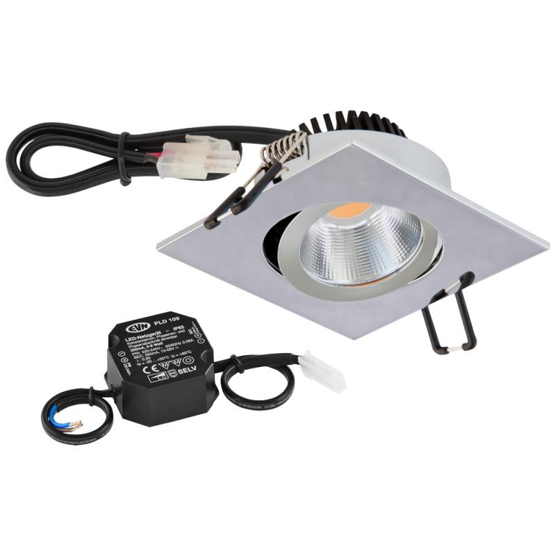 EVN P-LED Decken-Einbaustrahler mit warmweißem Licht quad. schwenkbar chrom IP20 8.4W 3000K 1010lm 90Ra EinbauØ68