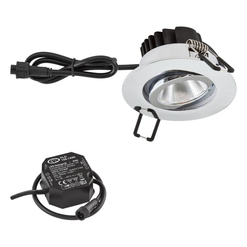 EVN LED Decken-Einbaustrahler mit warmweißem Licht dimmbar feuchtraumgeeignet rund schwenkbar chrom IP65 8.4W 3000K 1010lm 90Ra DIMM EinbauØ68