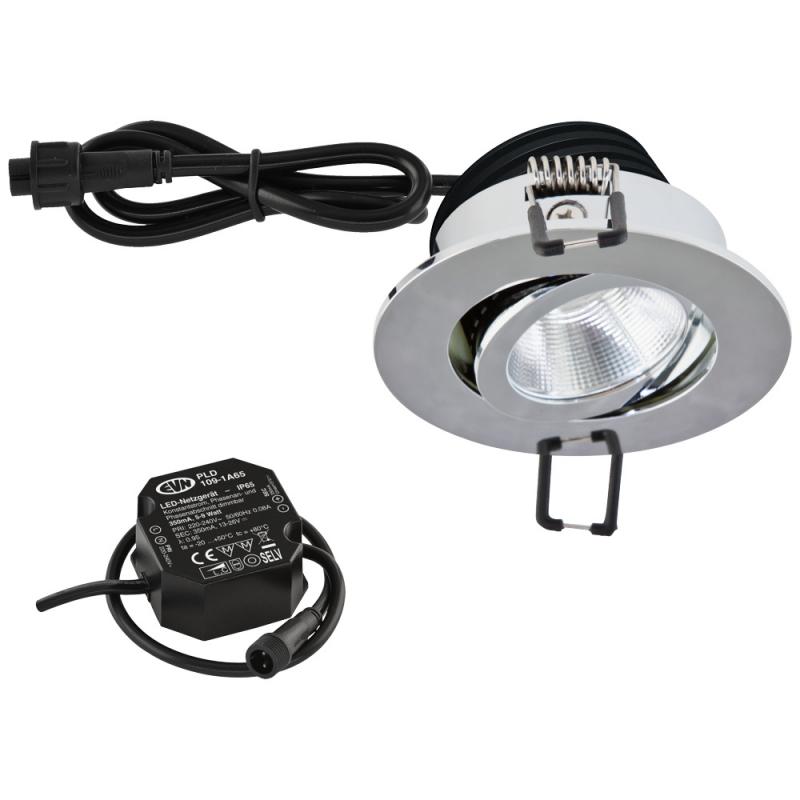 EVN LED Decken-Einbaustrahler mit neutralweißem Licht dimmbar feuchtraumgeeignet rund schwenkbar chrom IP65 8.4W 4000K 1060lm 90Ra DIMM EinbauØ68