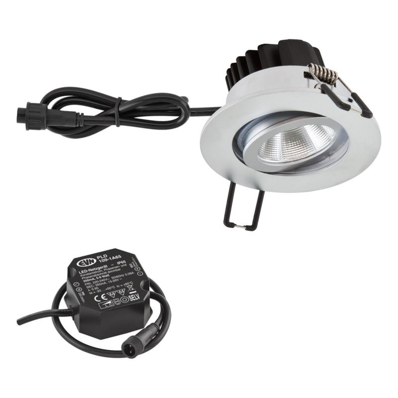 EVN LED Decken-Einbaustrahler mit warmweißem Licht dimmbar feuchtraumgeeigne  trund schwenkbar chrom matt IP65 8.4W 3000K 1010lm 90Ra EinbauØ68