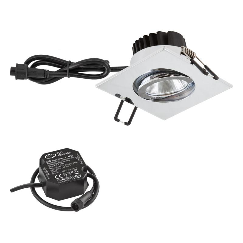 EVN P-LED Decken-Einbaustrahler mit warmweißem Licht quad. schwenkbar chrom IP65 8.4W 3000K 90Ra EinbauØ68 - feuchtraumgeeignet