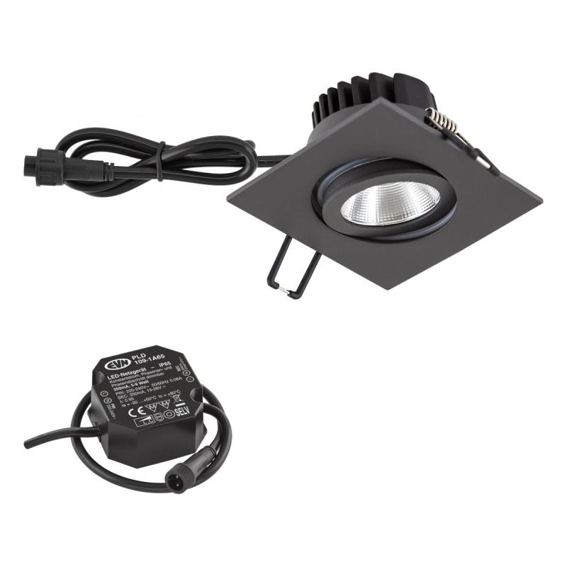 EVN P-LED Decken-Einbaustrahler mit warmweißem Licht dimmbar quad. schwenkbar anthrazit IP65 8.4W 3000K 1010lm 90Ra EinbauØ68
