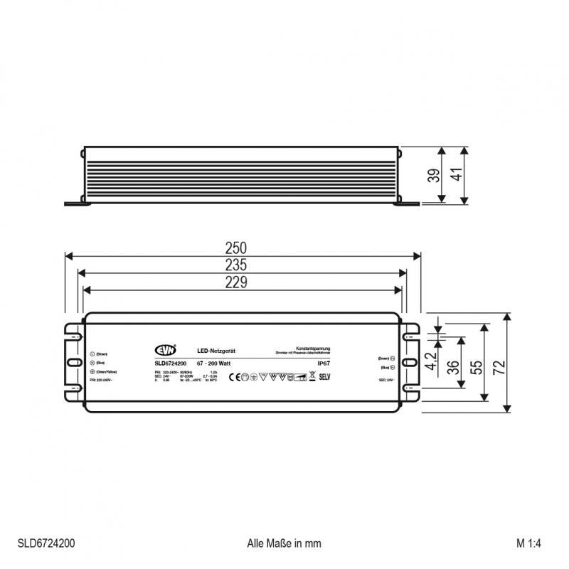 EVN Netzgerät 24V/DC 67-200W Primär: 220-240V/AC Phasenan- und Phasenabschnitt-Dimmer IP67