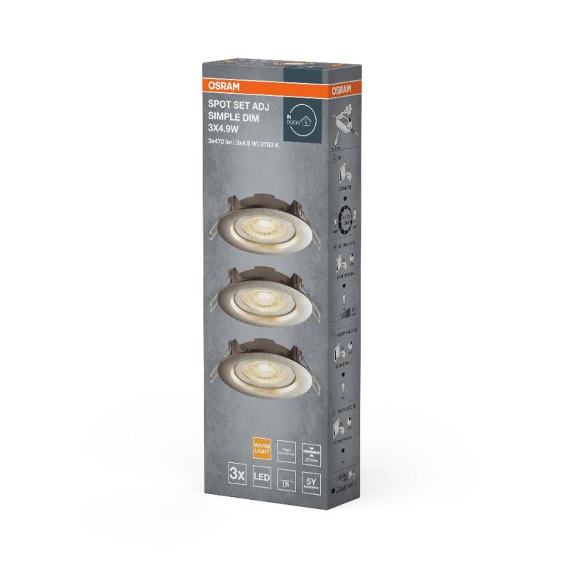 3er-Pack OSRAM LED Einbauleuchten Nickel gebürtet 2700k warmweißes Licht - dimmbar über Wandschalter,  mit integriertem LED-Modul und Treiber, IP20-Schutz, Einbaudurchmesser 75…80 mm