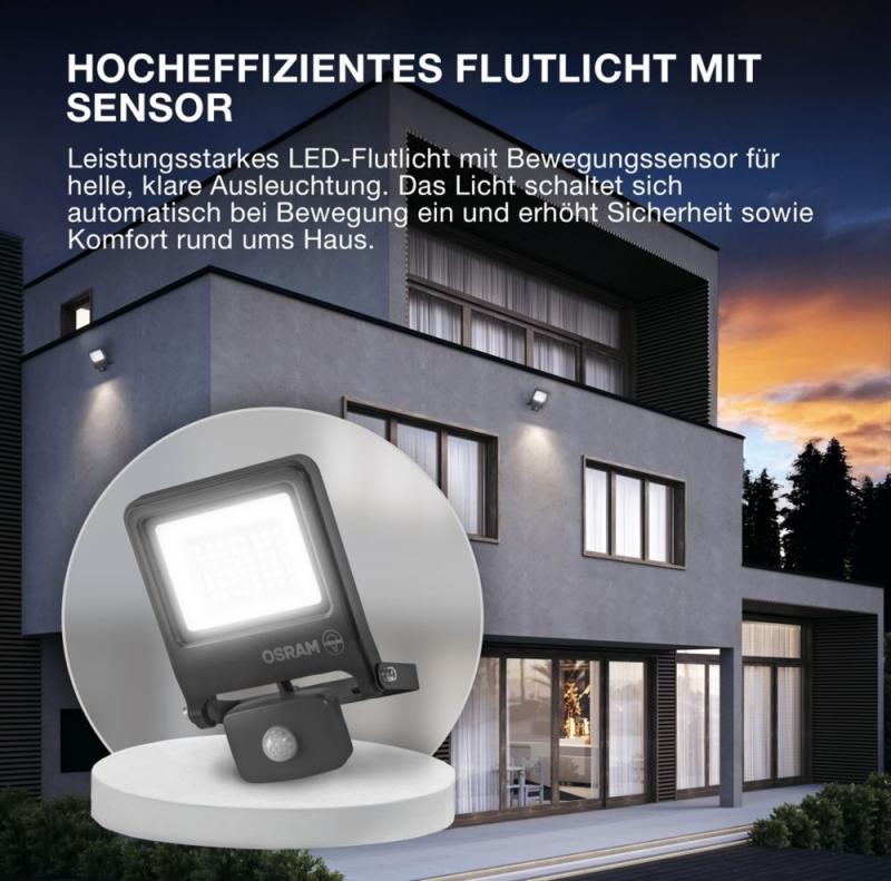 OSRAM LED Fluter Endura Flood Sensor 20W DG 4000K Neutralweiß IP44 grau