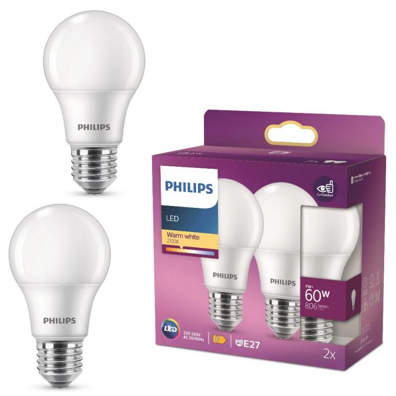 2er Set E27  PHILIPS LED Lampen 7W wie 60W warmweißes Licht 2700K mattiert & blendfrei
