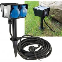 ChiliTec Gartensteckdose mit Erdspieß, 2-fach IP44, 10m Kabel, Zeitschaltuhr