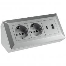 ChiliTec 2-fach Steckdosenblock, USB-A+C, silber 250V~/ 16A, Aufbaumontage, USB 3,1A, PD