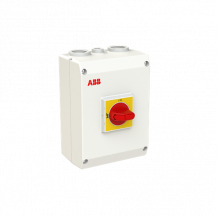 ABB OTE63GA3M EMV-Wartungsschalter, 3-polig 415V AC23 63A, 30kW, mit rot-gelbem Griff Kunststoffgehäuse IP65 Einführung oben und unten