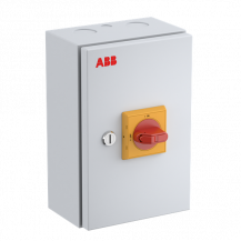 ABB OTL25GBA6M Wartungsschalter 6-polig 415V AC23A 25A, 11kW mit rot-gelbem Griff Stahlblechgehäuse IP65 Einführung oben und unten