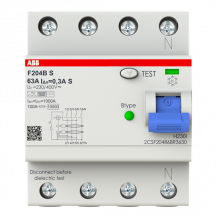 ABB F204 B S-63/0.3 FI-Schutzschalter Typ B 4P, 63A, 300mA, 5kA, 4TE allstromsensitiv, selektiv