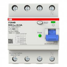 ABB F204 B-63/0.5 FI-Schutzschalter Typ B 4P, 63A, 500mA, kurzzeitverz., 3kA, 4TE