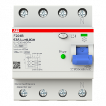 ABB F204 B-63/0.03 U FI-Schalter Typ B 4P, 63A, 30mA, 3kA, 4TE, allstromsensitiv, kurzzeitverzögert unverpackt, Großverpackung 24 Stück